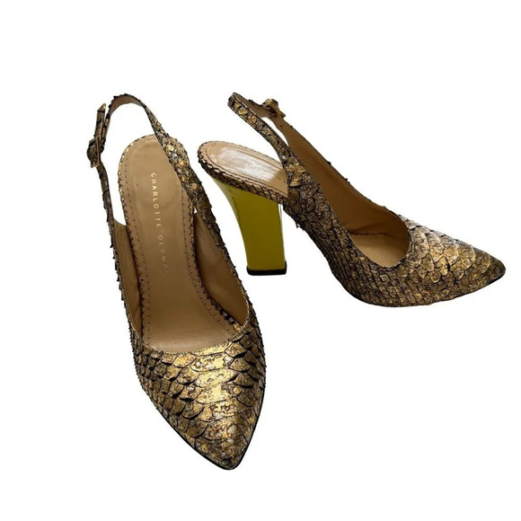 Charlotte Olympia Bronze Python Slingback Neon Heels - Picture 10 of 10